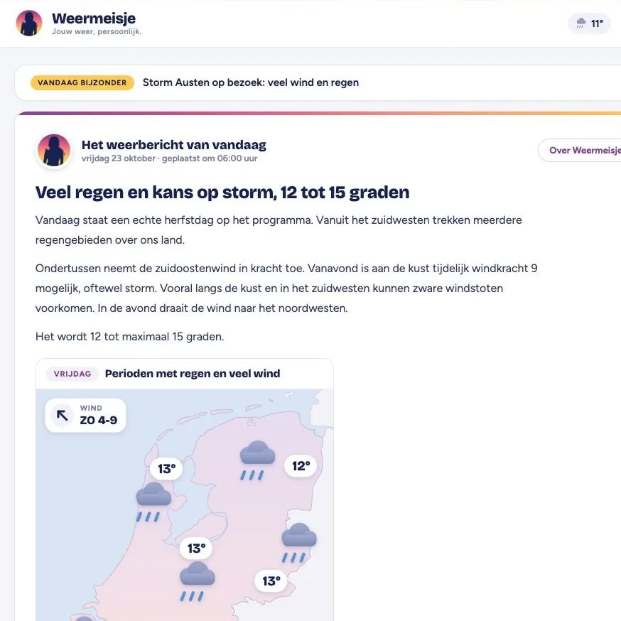 De homepage van Weermeisje.nl met het weerbericht van vandaag en een weerkaart die de site zelf tekent